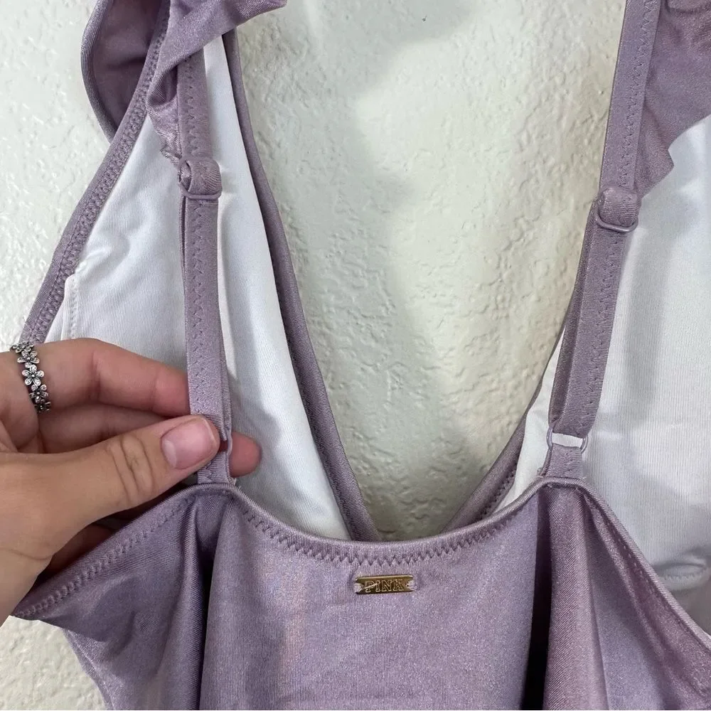 PINK VS Shine Ruffle One Piece Swimsuit in Metallic Lilac Size S - Picture 5 of 9